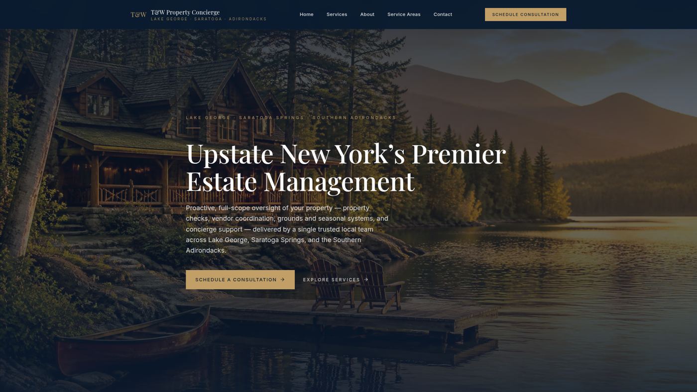 Homepage of the T&W Property Concierge website, showing its estate-management services for Lake George and Adirondack property owners